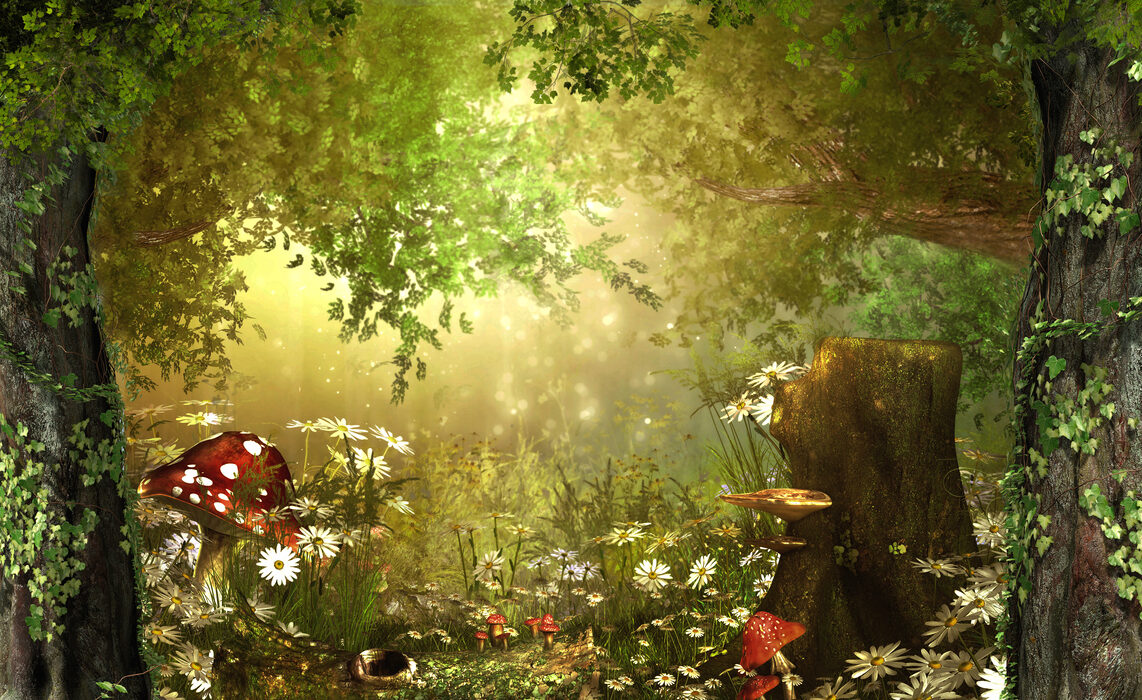 Beautiful enchanting fairy tale lush woodland, 3d render