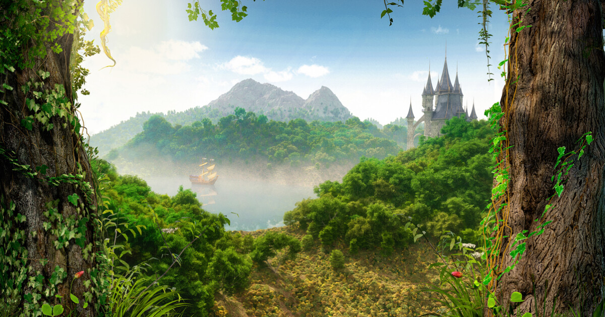 View through a beautiful enchanting fairy tale woodland onto a castle and a sailing ship, 3d render.