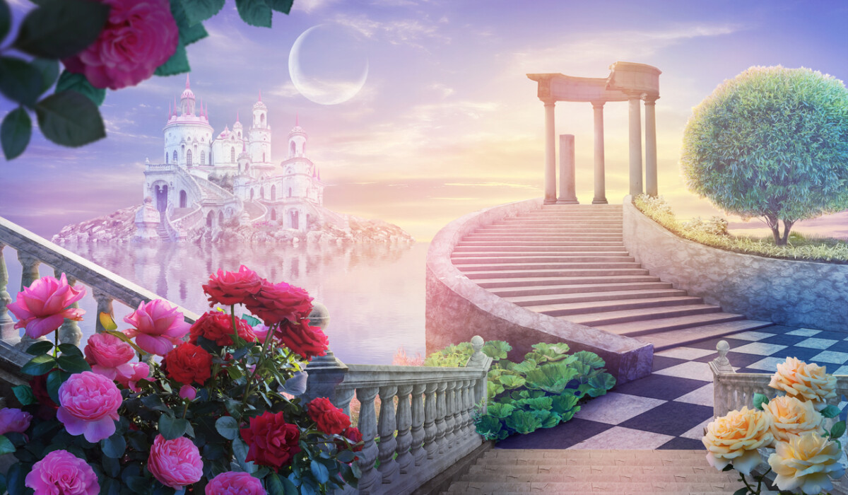 beautiful summer landscape of  wonderland with roses and an old castle