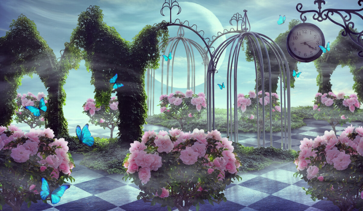 Beautiful summer landscape of  wonderland.Fantastic mystical garden with roses and butterflies