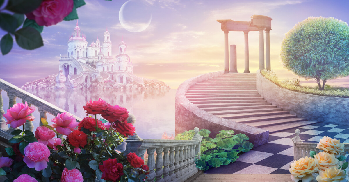 beautiful summer landscape of  wonderland with roses and an old castle